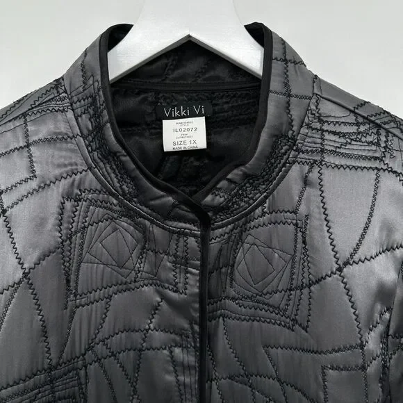 Vikki Vi Jacket Coat 100% Silk Plus Size 1X Reversible‎ Quilted Silver Black New